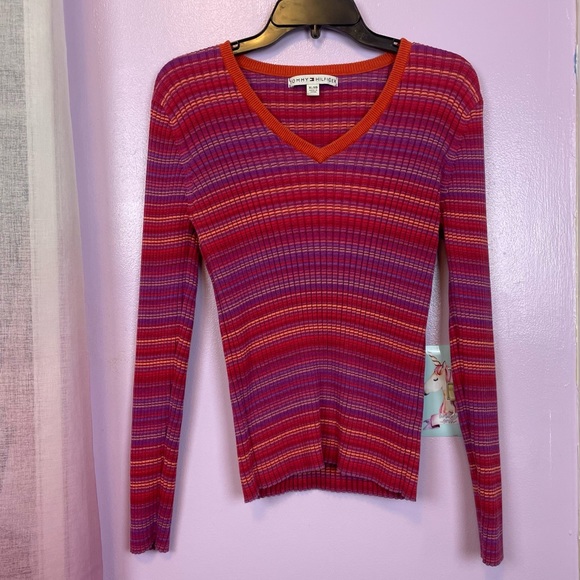 Tommy Hilfiger Sweaters - Tommy Hilfiger Multicolor Striped V-neck Long Sleeve Pullover Sweater Sz XL